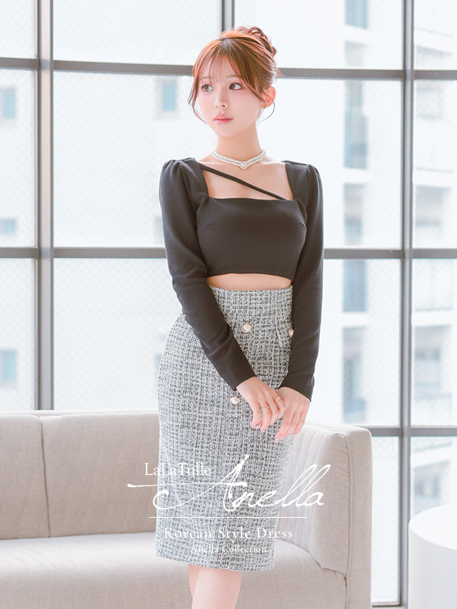 長袖 ツイード パールボタン ウエストカット スクエアネック タイト 膝丈ドレス