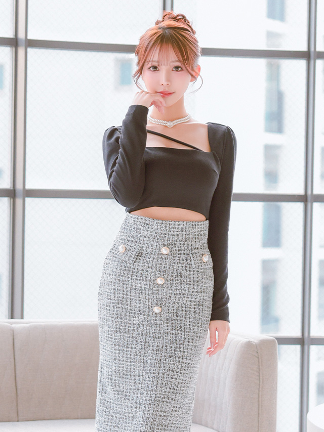 長袖 ツイード パールボタン ウエストカット スクエアネック タイト 膝丈ドレス