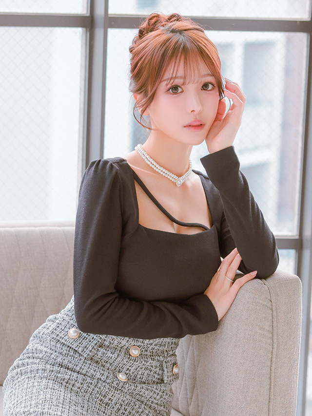 長袖 ツイード パールボタン ウエストカット スクエアネック タイト 膝丈ドレス