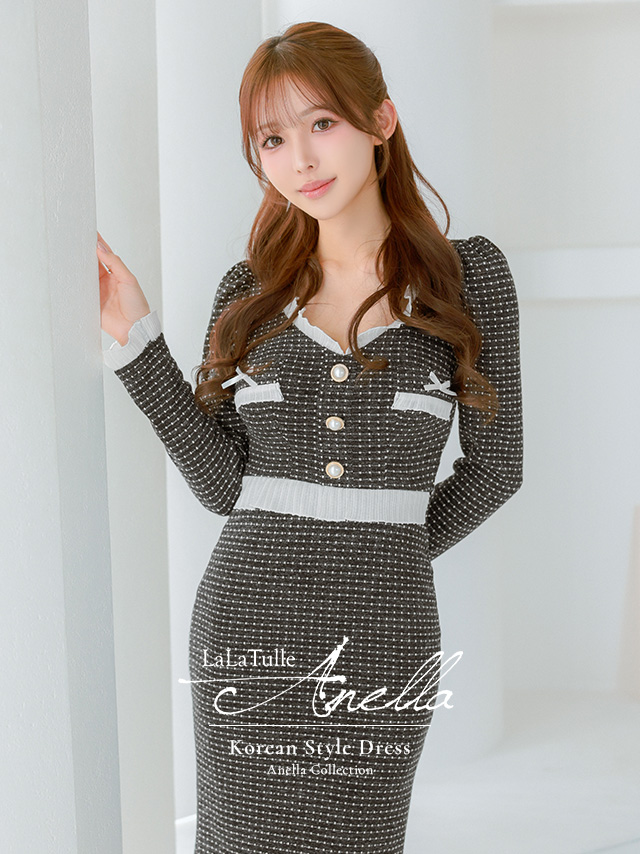 リボン フリル ガーリー 長袖 ツイード モノトーン パールボタン タイト 膝丈ドレス