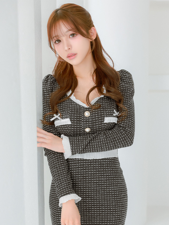 リボン フリル ガーリー 長袖 ツイード モノトーン パールボタン タイト 膝丈ドレス