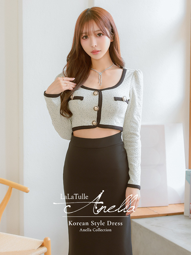長袖 ゴールドボタン ウエストカット パイピング ツイード モノトーン タイト 膝丈ドレス