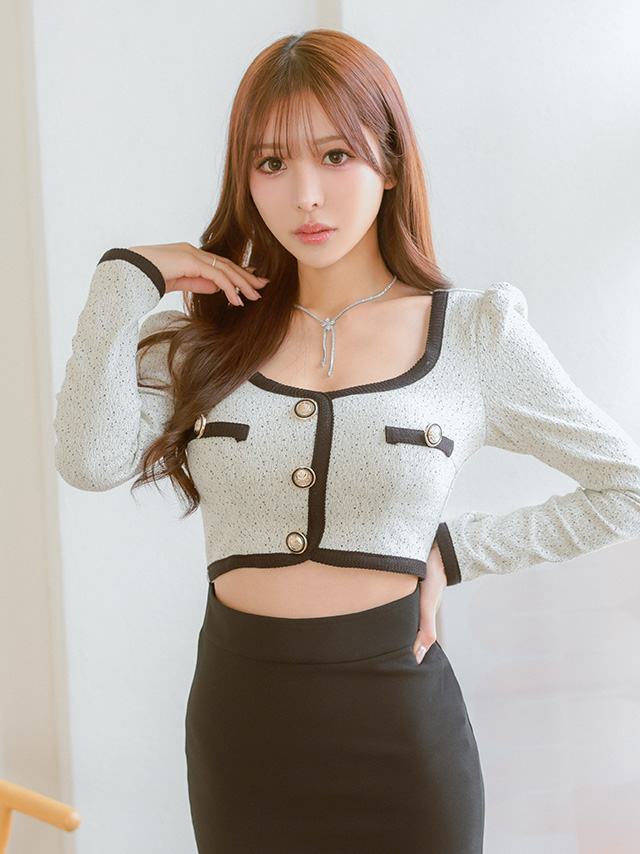 長袖 ゴールドボタン ウエストカット パイピング ツイード モノトーン タイト 膝丈ドレス