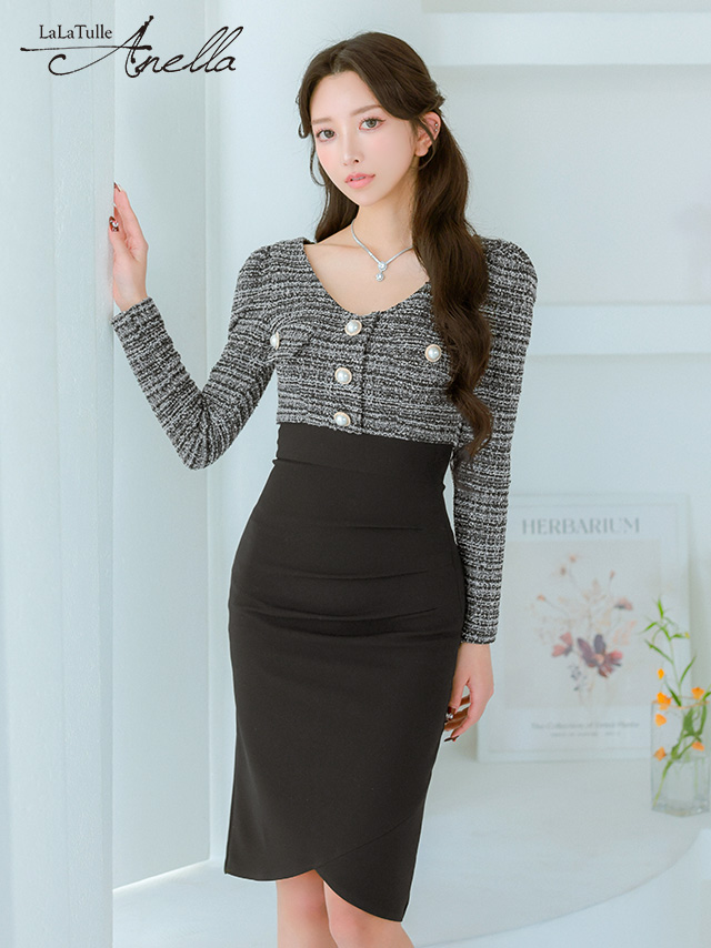 ツイード 長袖 パールボタン チューリップスカート タイト 膝丈ドレス