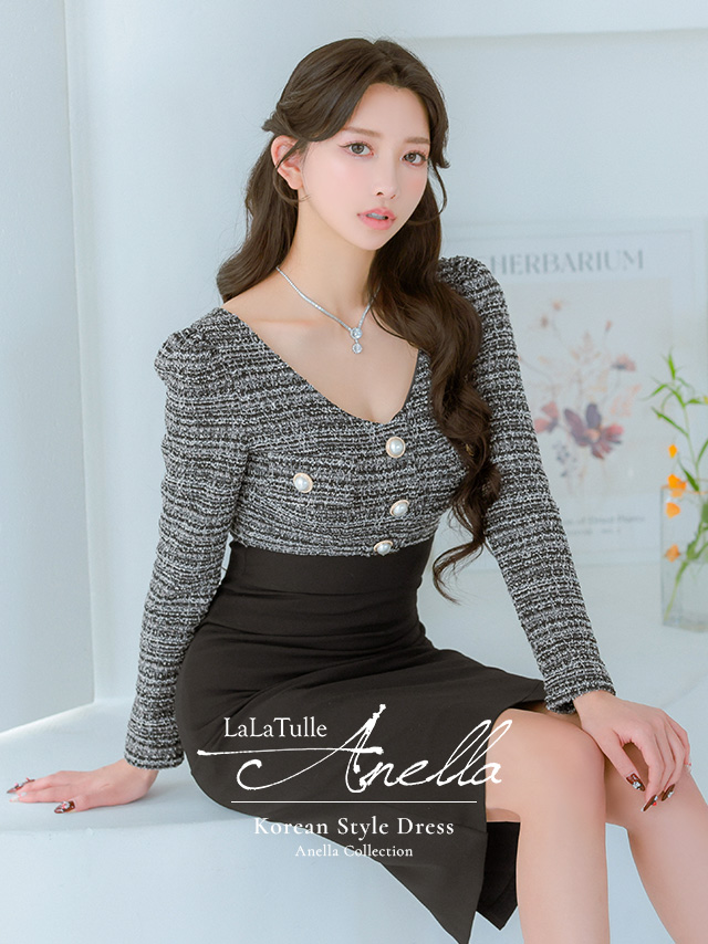 ツイード 長袖 パールボタン チューリップスカート タイト 膝丈ドレス