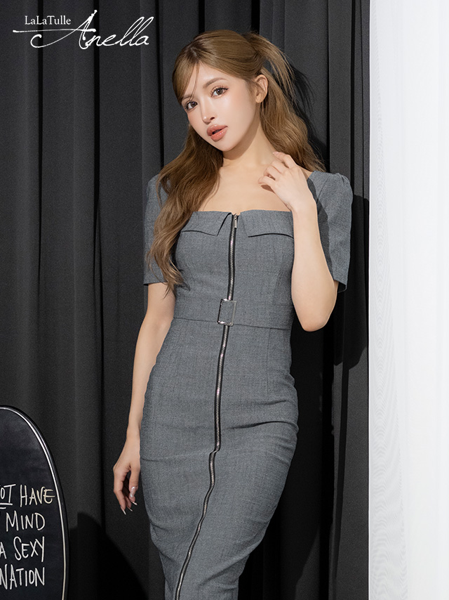 ジップデザイン 袖あり ウエストベルト シンプル スクエアネック タイト 膝丈ドレス