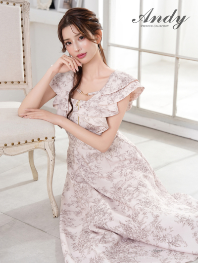 ノースリーブ ジップデザイン フリル チェーン フラワー プリント Aラインロングドレス