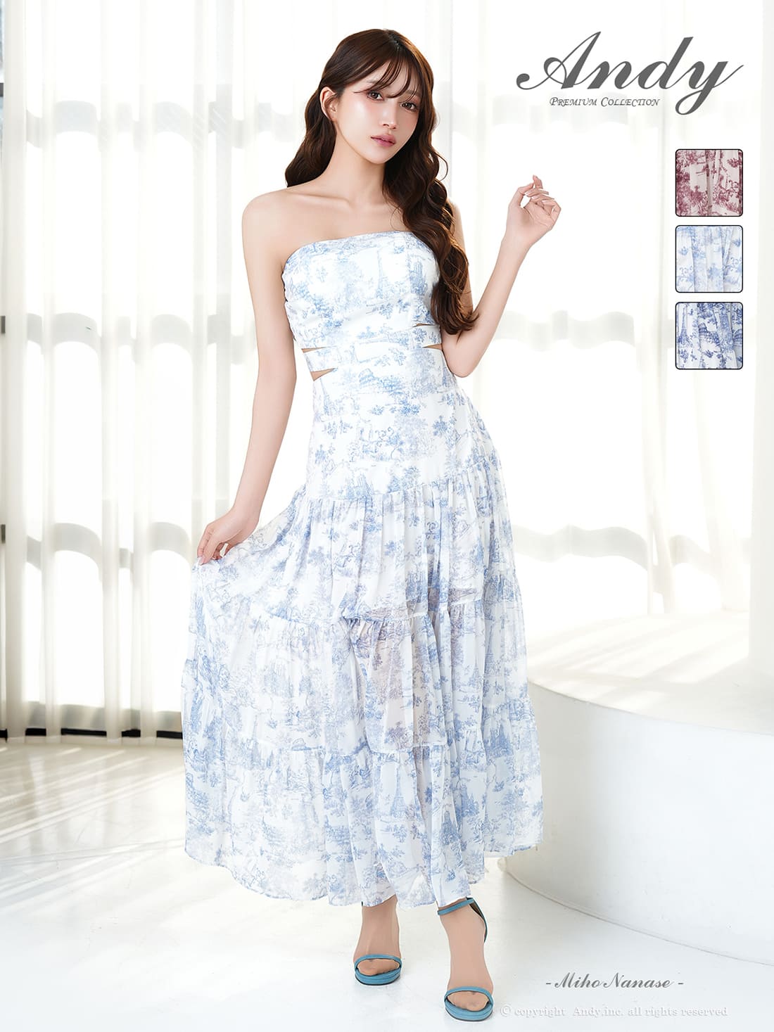 ベアトップ ウエストカット バックリボン 花柄 Aラインロングドレス