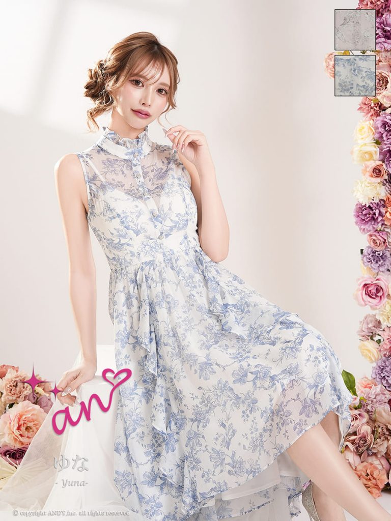 フラワープリント ノースリーブ フリル シースルー ロングテール フレア 膝丈ドレス