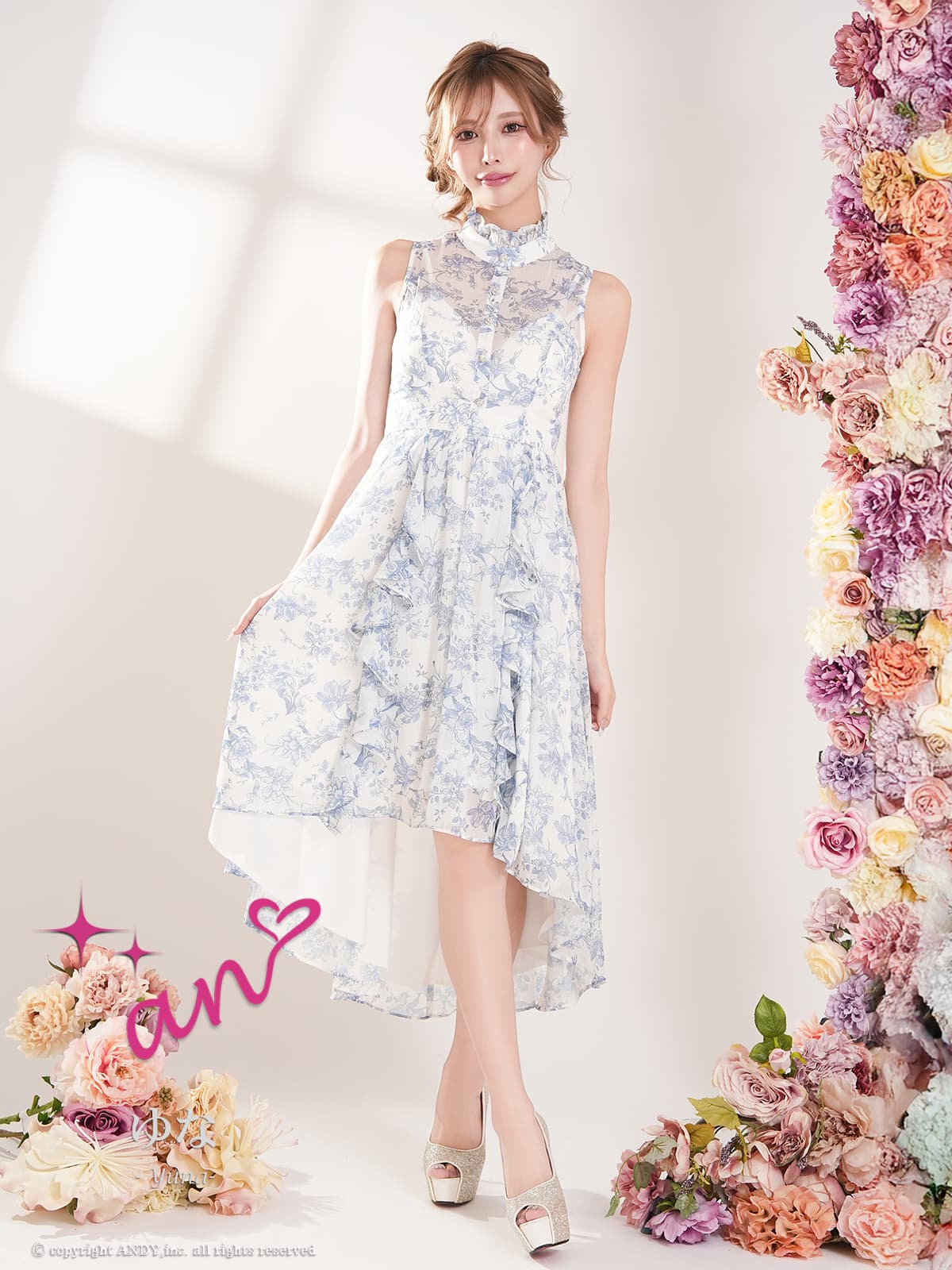 フラワープリント ノースリーブ フリル シースルー ロングテール フレア 膝丈ドレス