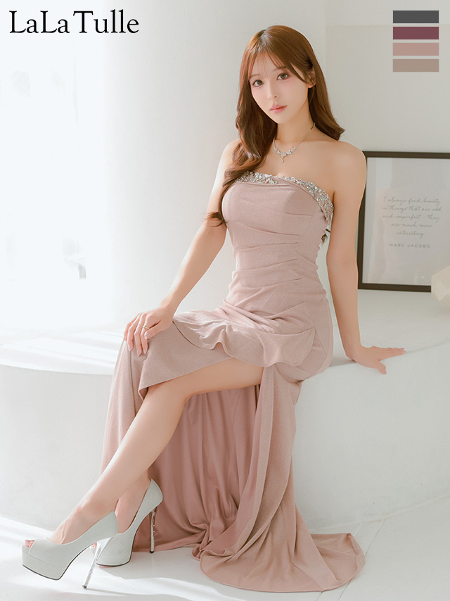 フリル ラッフルデザイン ベアトップ キャミソール スリット ビジュー ラメ ビジュー タイトロングドレス