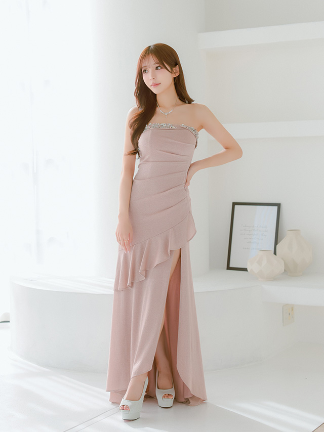 フリル ラッフルデザイン ベアトップ キャミソール スリット ビジュー ラメ ビジュー タイトロングドレス