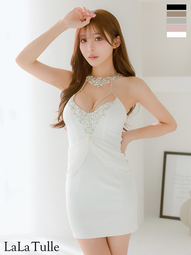 シフォンドレープ パールチェーン ビジュー ホルターネック タイトミニドレス