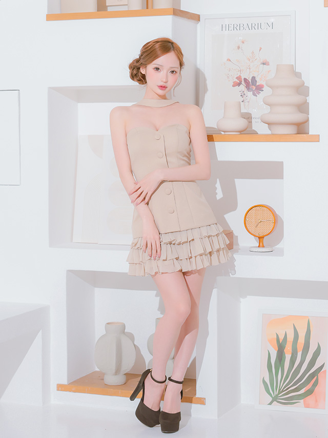 2way ベアトップ ボタン ウエストベルト フリル チョーカーデザイン フレアミニドレス