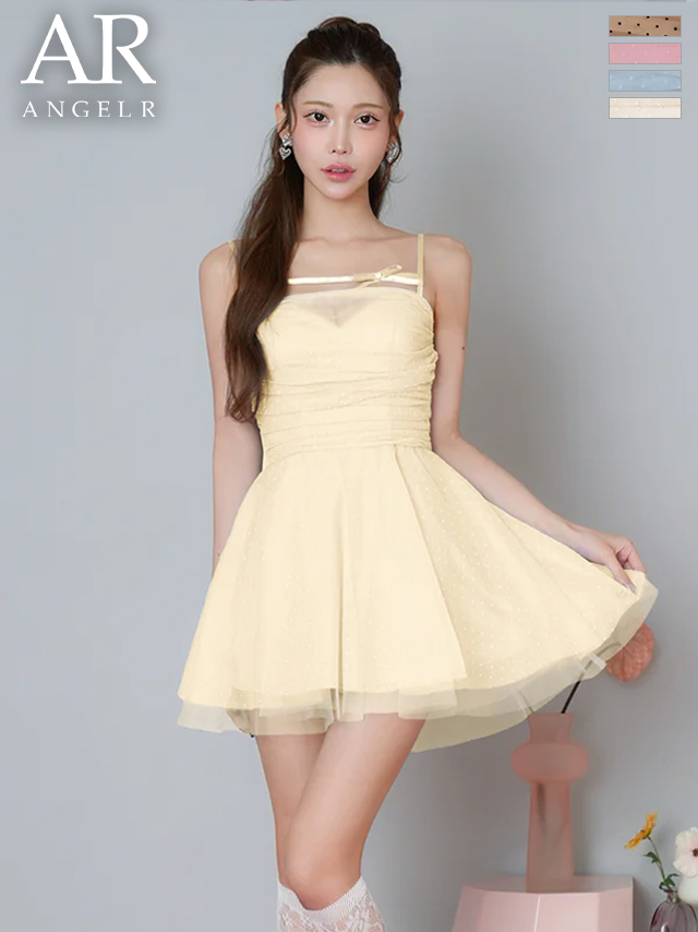 シアー リボン キャミソール ドット柄 チュール フェミニン フレアミニドレス