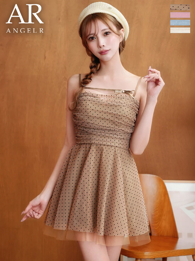 シアー リボン キャミソール ドット柄 チュール フェミニン フレアミニドレス