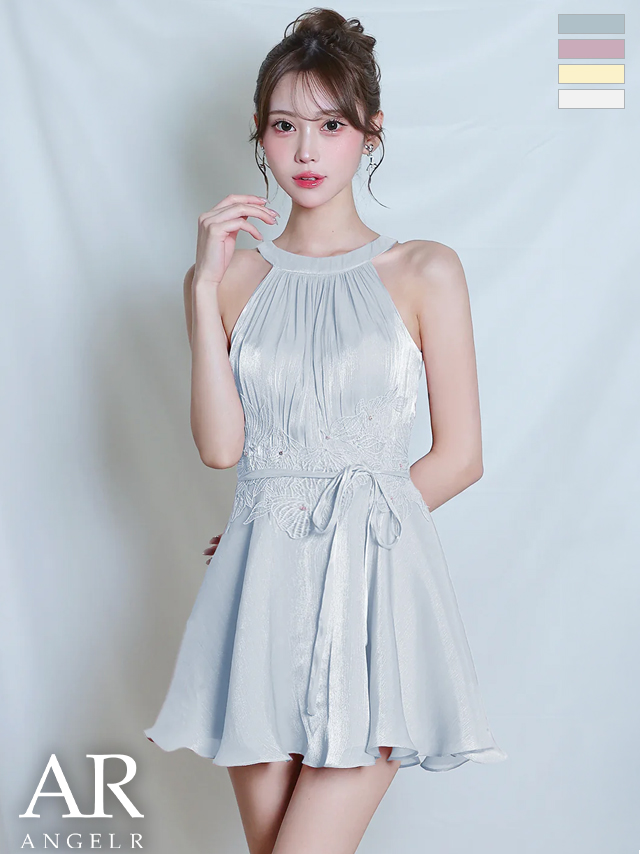 ウエストリボン ホルターネック ギャザー 刺繍 フラワーメッシュ フレアミニドレス