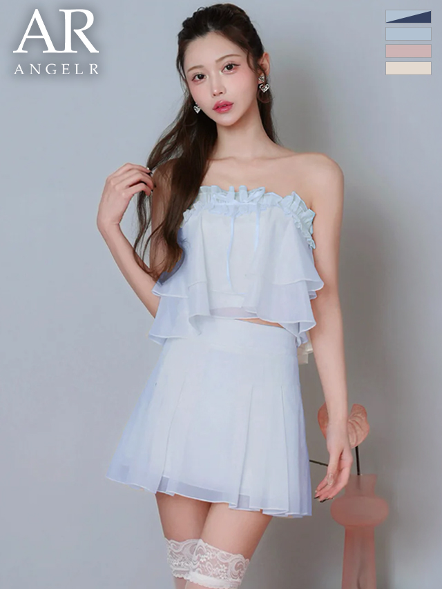 セットアップ シフォン フリル シアー リボン ベアトップ フェミニン フレアミニドレス