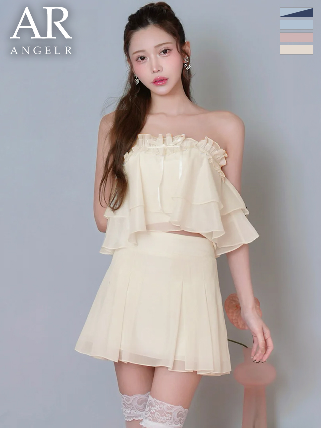 セットアップ シフォン フリル シアー リボン ベアトップ フェミニン フレアミニドレス