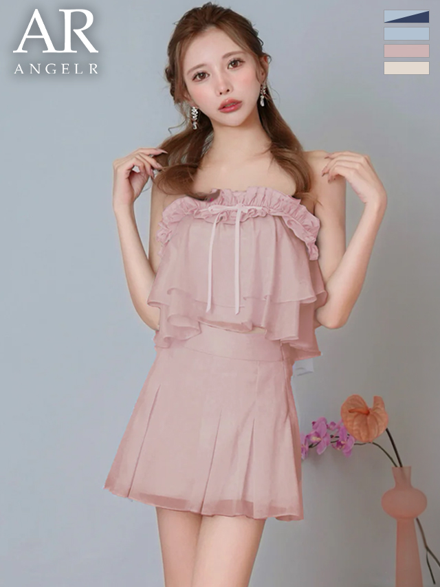 セットアップ シフォン フリル シアー リボン ベアトップ フェミニン フレアミニドレス