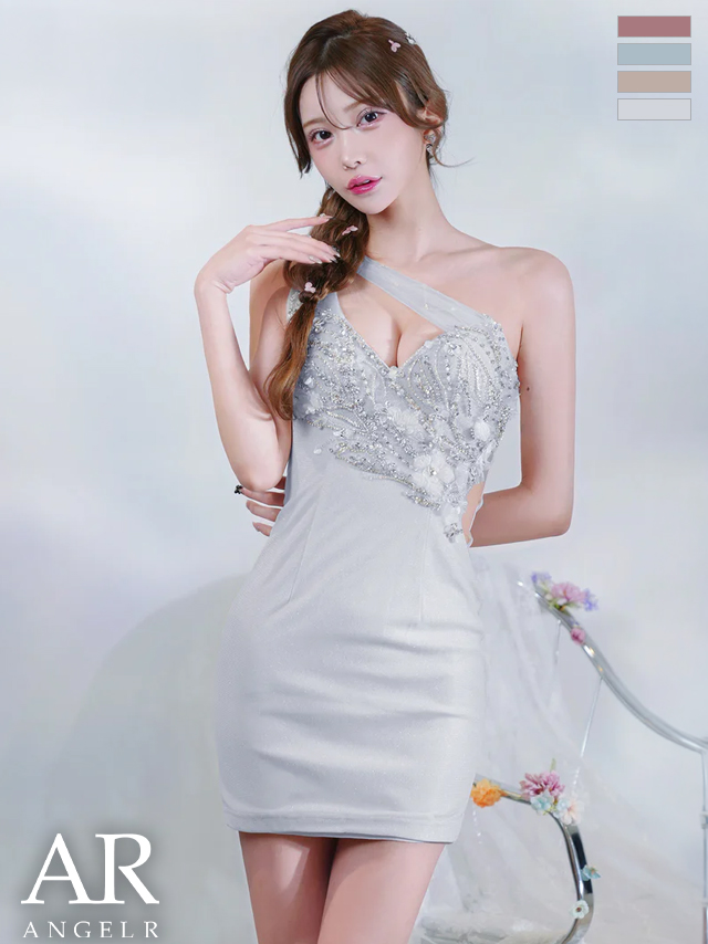ワンショルダー バストカット フラワービジュー ラメ タイトミニドレス
