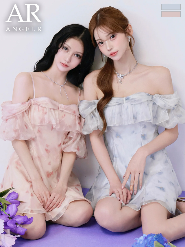 2way オフショルダー 肩あき フリル 花柄 フレアミニドレス