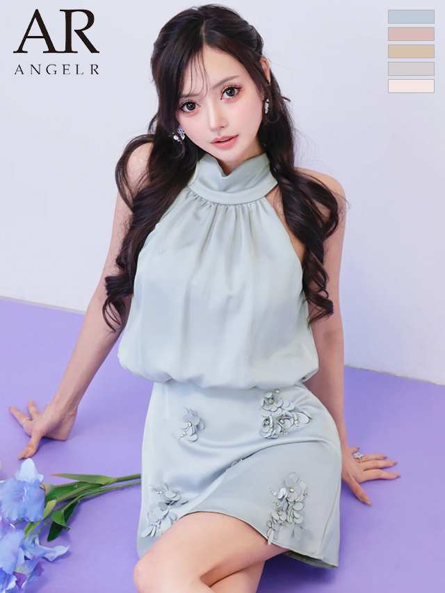 ホルターネック リボン ウエストマーク フラワーレース サテン ワンカラー フレアミニドレス