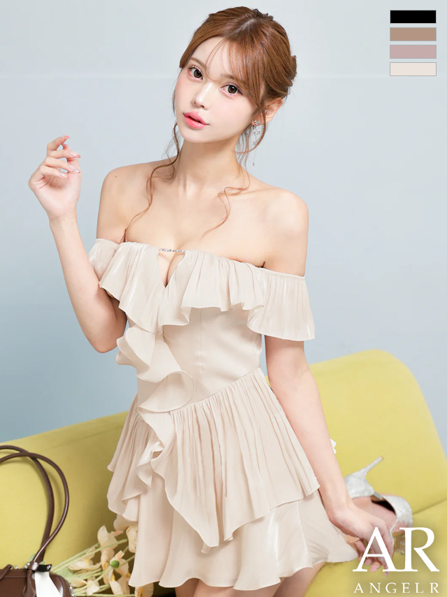 オフショルダー 肩あき バストカット ビジューチェーン フリル シフォン フレアミニドレス