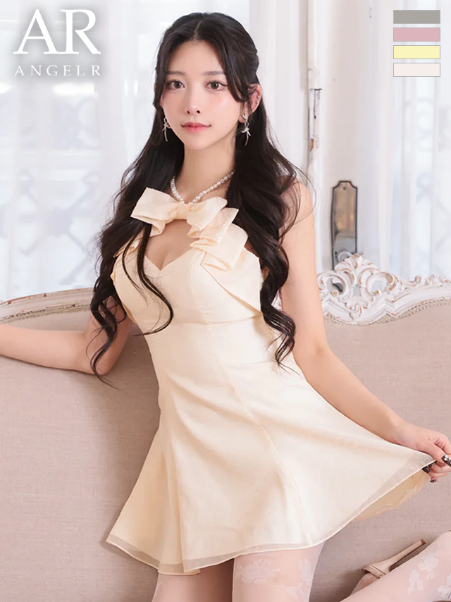 ホルターネック パールチェーン フロントリボン バストカット ビジュー フレアミニドレス