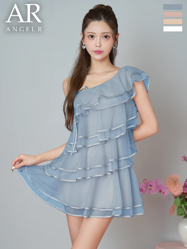 ワンショルダー ティアードフリル チュール サテン リボン シフォン フレアミニドレス