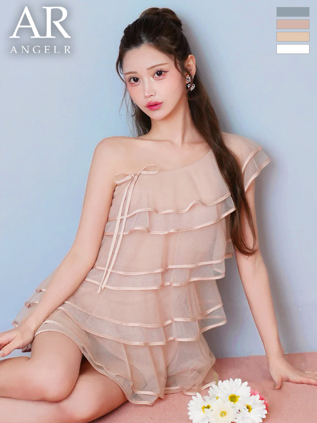 ワンショルダー ティアードフリル チュール サテン リボン シフォン フレアミニドレス