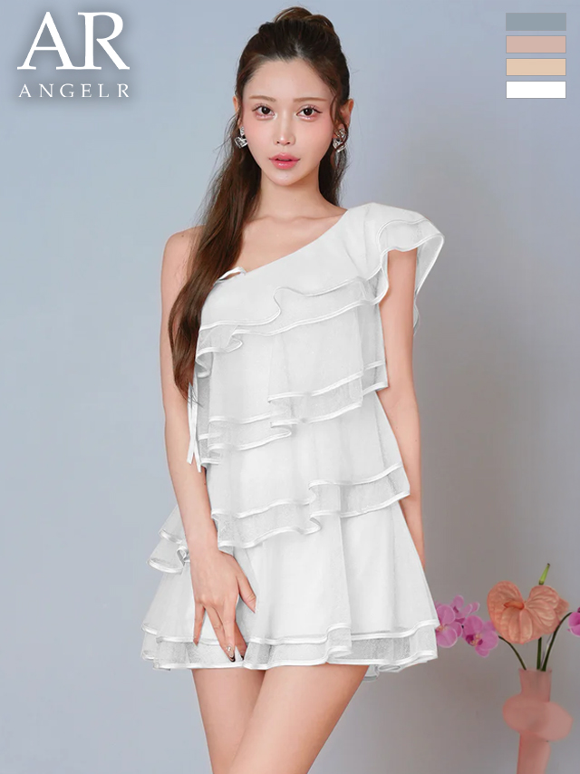 ワンショルダー ティアードフリル チュール サテン リボン シフォン フレアミニドレス