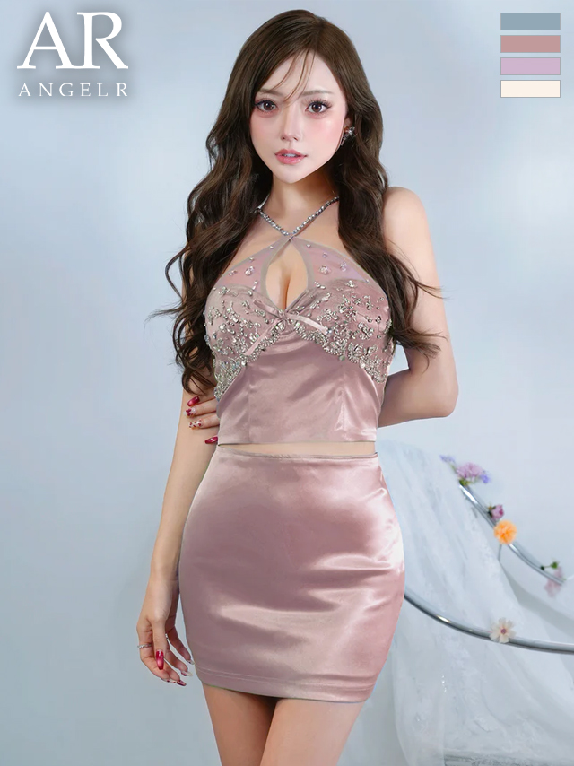 クロスデザイン ホルターネック オープンバスト リボン ビジュー サテン セットアップ タイトミニドレス