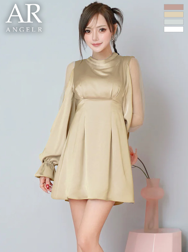 長袖 ショルダーカット ハイネック バックリボン サテン フレアミニドレス