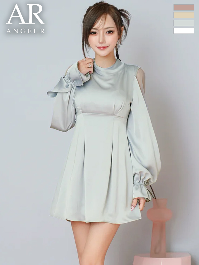 長袖 ショルダーカット ハイネック バックリボン サテン フレアミニドレス
