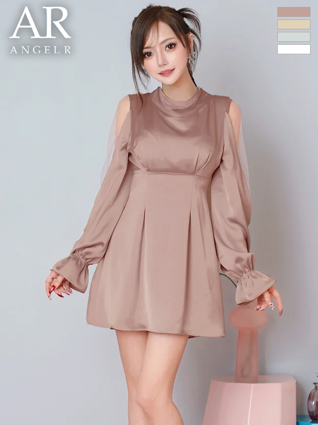 長袖 ショルダーカット ハイネック バックリボン サテン フレアミニドレス