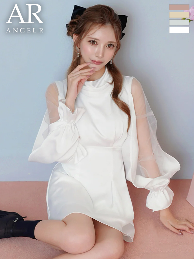 長袖 ショルダーカット ハイネック バックリボン サテン フレアミニドレス