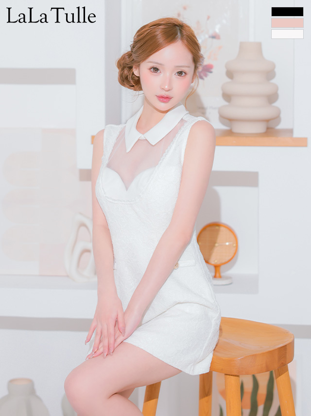 襟付き デコルテレース ノースリーブ ゴールドボタン シースルー タイトミニドレス