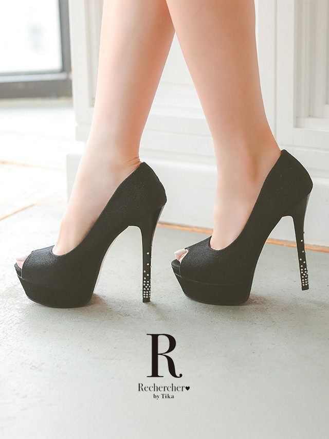 ビジュー オープントゥ ラメ パンプス