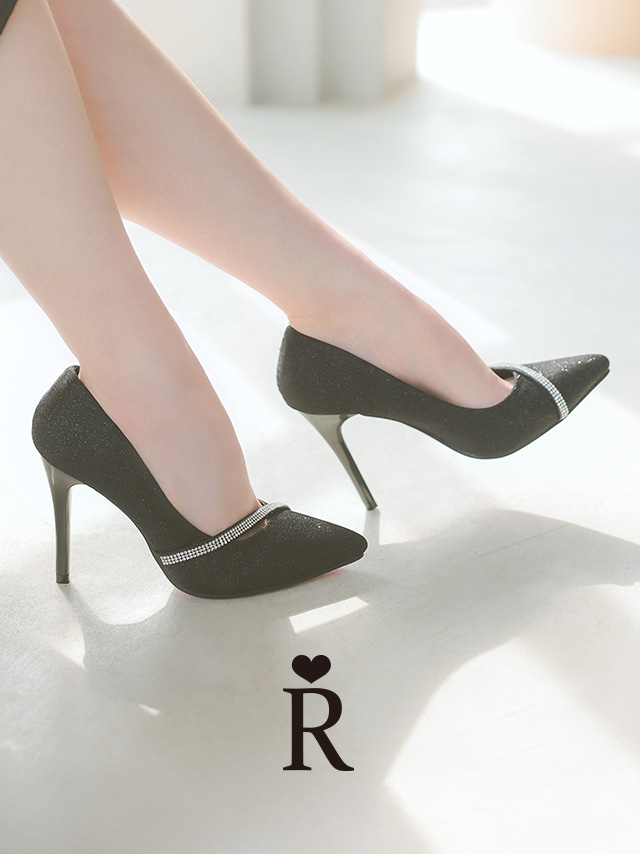 キラキラ シルバー ビジューライン ラメ シンプル ポインテッドトゥ パンプス