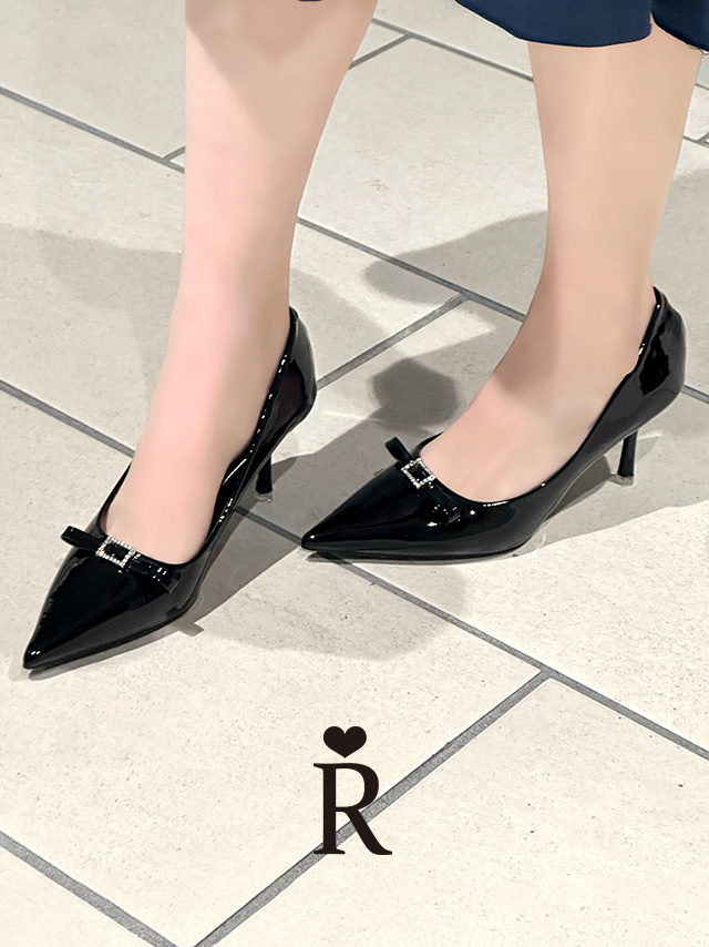 リボン エナメル ポインテッドトゥ パンプス