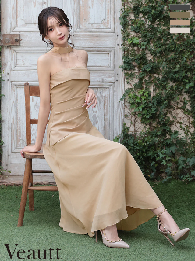 2way ベアトップ スカーフ ウエストタック ボタン シフォン シンプル Aラインロングドレス