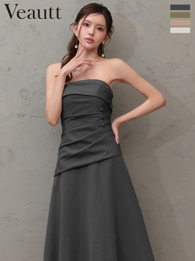 2way ベアトップ スカーフ ウエストタック ボタン シフォン シンプル Aラインロングドレス