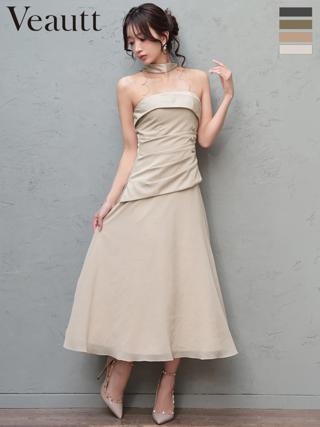 2way ベアトップ スカーフ ウエストタック ボタン シフォン シンプル Aラインロングドレス