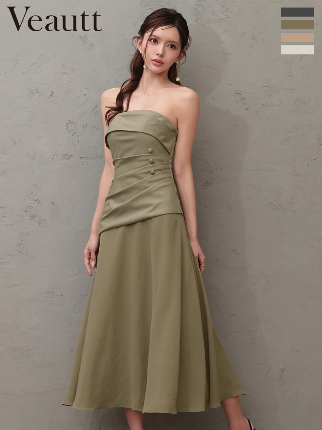 2way ベアトップ スカーフ ウエストタック ボタン シフォン シンプル Aラインロングドレス