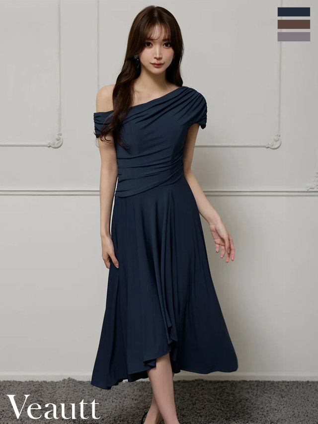 ワンショルダー エレガント アシンメトリー ドレープ Aラインロングドレス