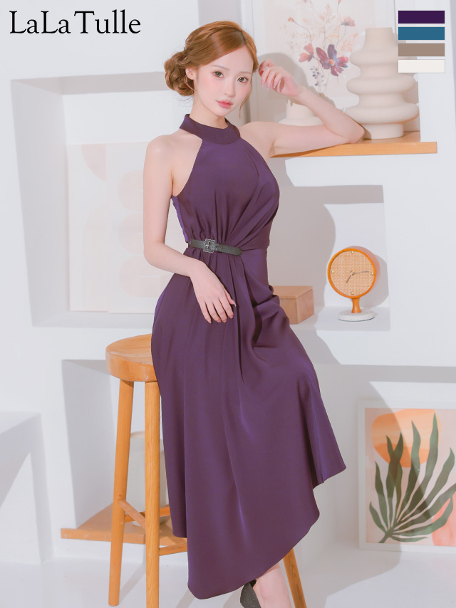 ホルターネック ウエストベルト アシンメトリー ワンカラー タック 膝丈ドレス