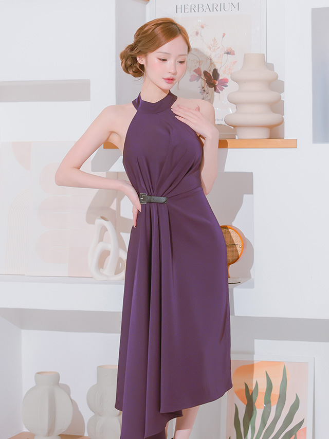 ホルターネック ウエストベルト アシンメトリー ワンカラー タック 膝丈ドレス