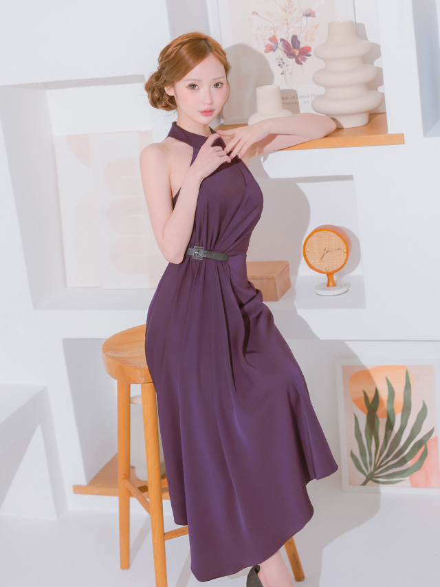ホルターネック ウエストベルト アシンメトリー ワンカラー タック 膝丈ドレス
