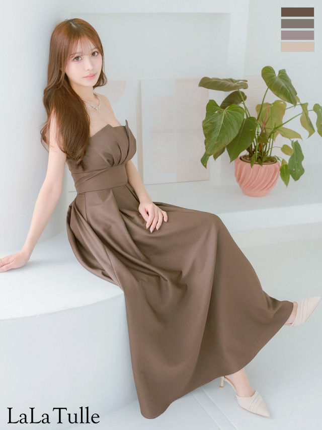 バストタック エレガント プリーツ 2way ベアトップ ウエストマーク ワンカラー キャミソール Aラインロングドレス